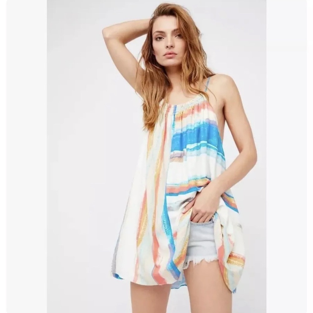 Free People Painted Stripe Mini Dress Halter Tunic White Multi Sundress Large - Picture 4 of 15